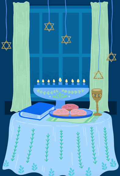 Chanukah celebration scene with menorah, sufganiyot, and festive decorations