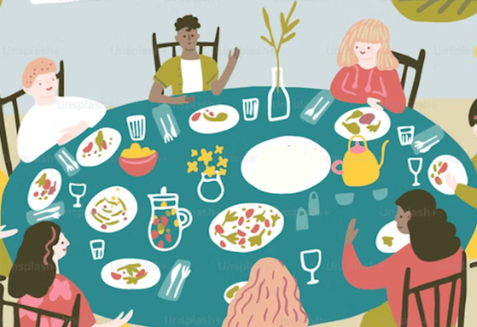 Illustration of people sat working around a table