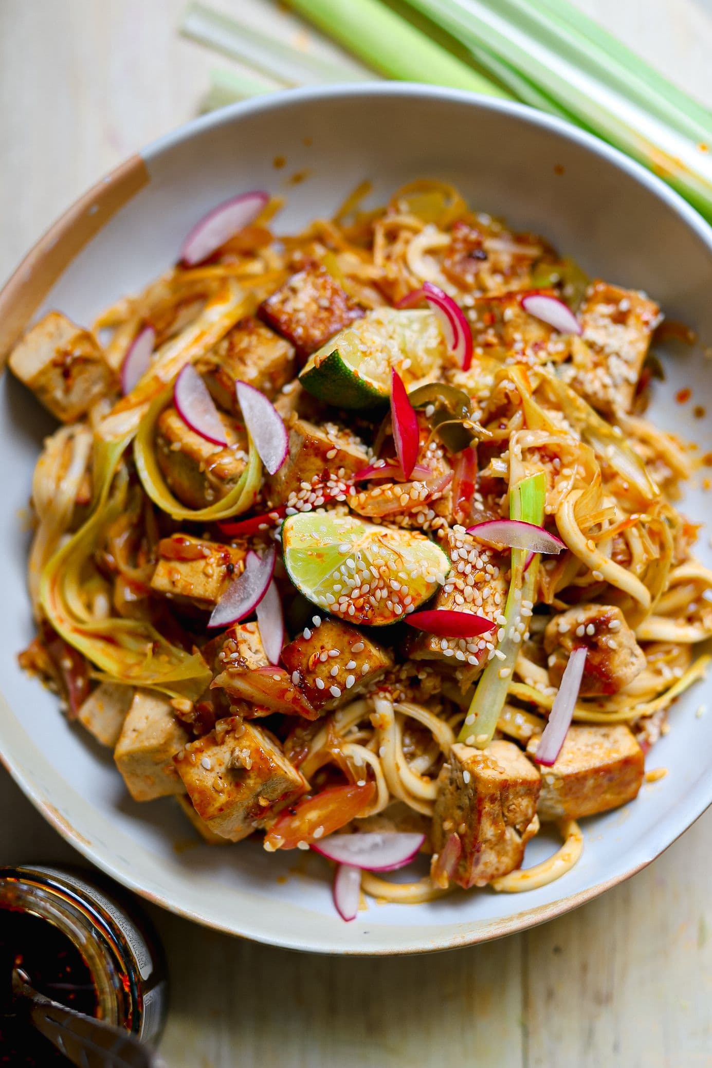 Crispy tofu and noodle stir fry with leek & chili
