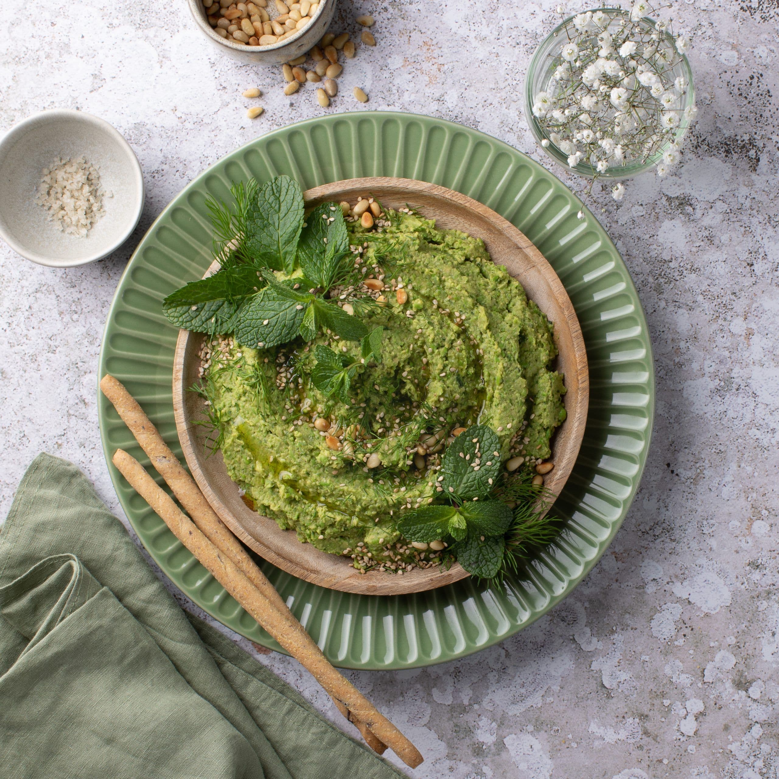 Pea, minted and toasted pine nute pâté