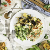 Chargrilled miso aubergine & tofu kebabs