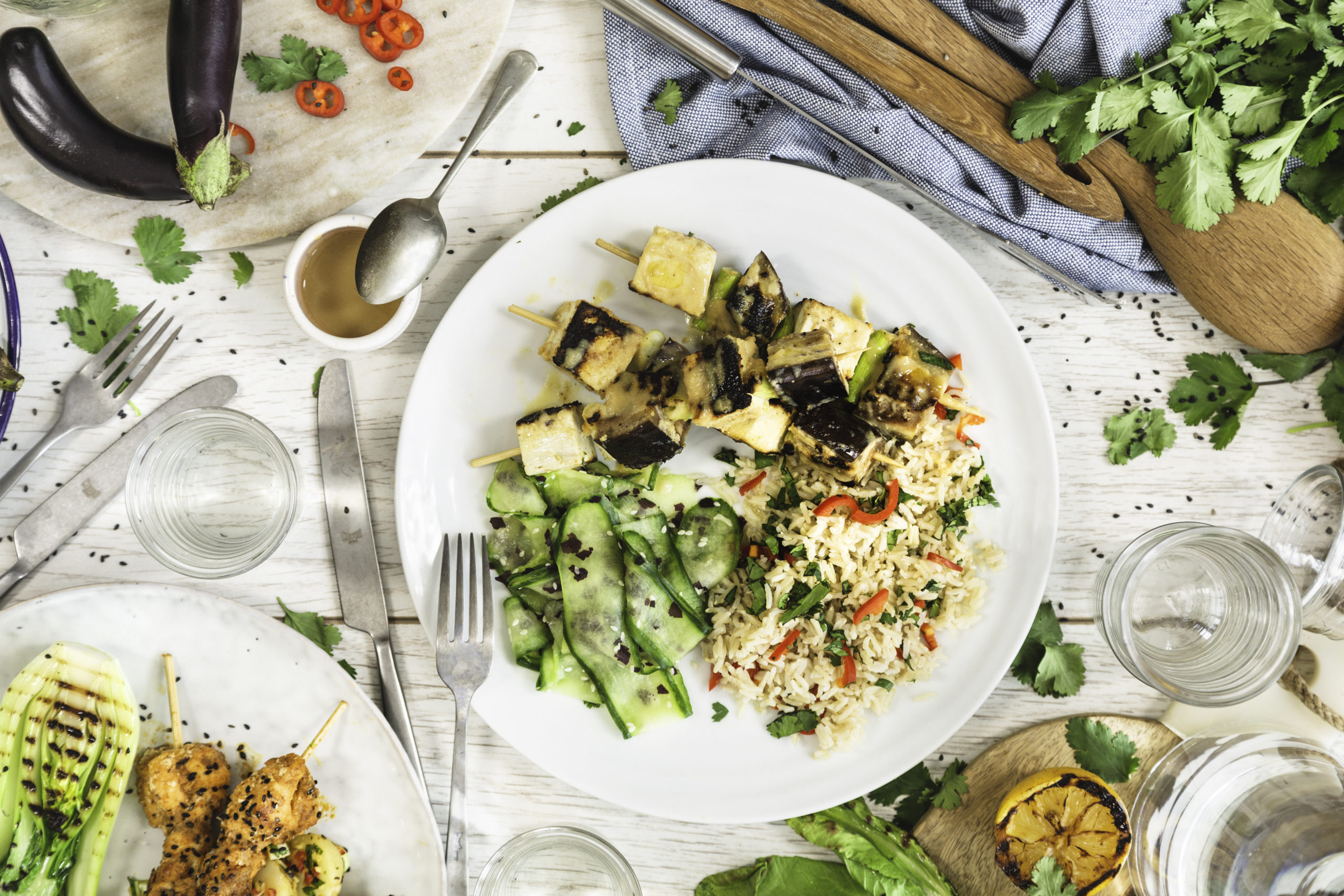 Chargrilled miso aubergine & tofu kebabs