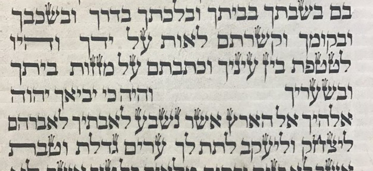 Shema in the Blue Sefer Torah (written by a Sefardi aider in an Ashkenazi style); credit: Soferet Avielah Barclay