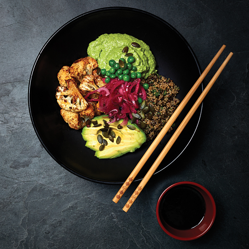 Buddha-Bowl-with-Chipotle-Cauliflower-and-Pea-Hummus-Quinoa-Pickled-Red-Onions-Pumpkin-Seeds